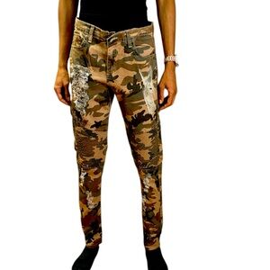 Camo Distressed Moto Jeans - Brown/Green